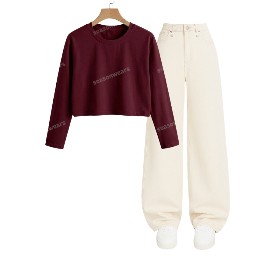 Crop Full Sleeves Tee With Beige Wide Leg Jeans