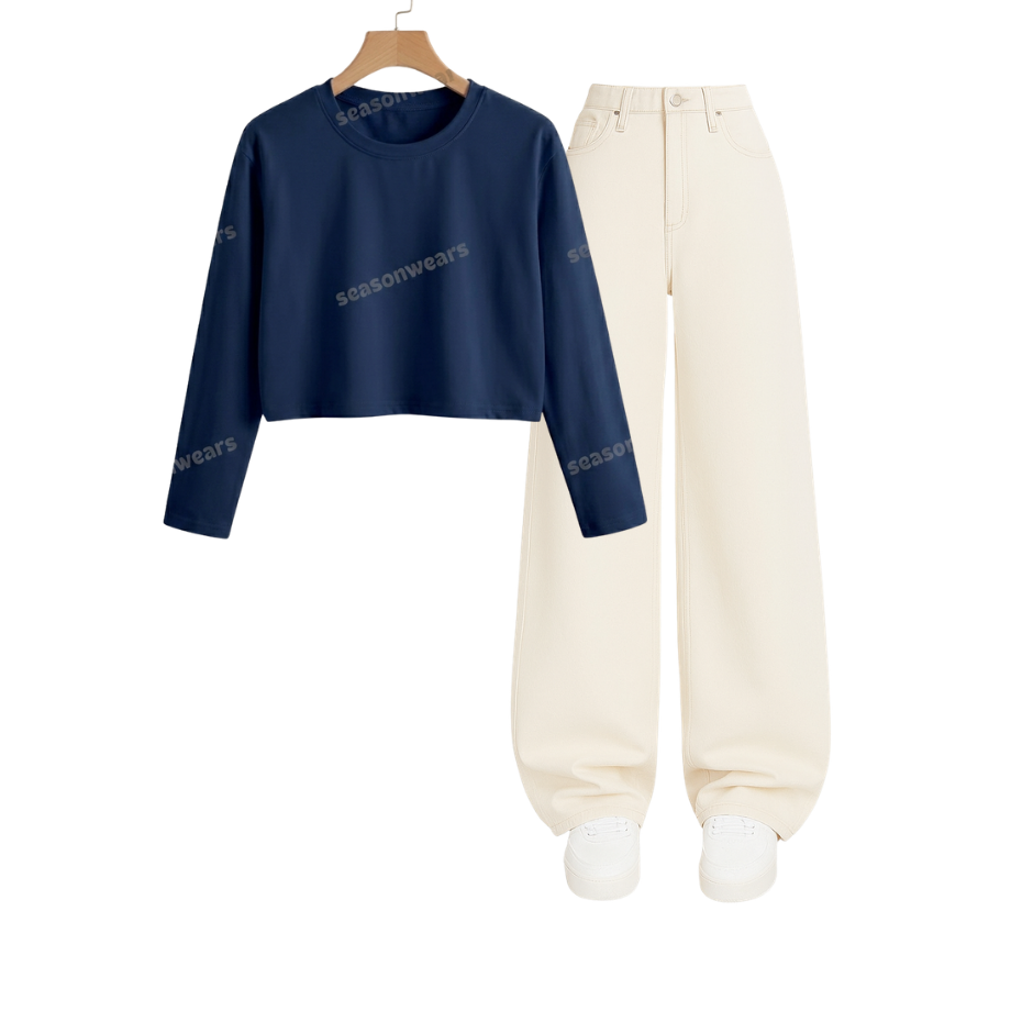 Crop Full Sleeves Tee With Beige Wide Leg Jeans