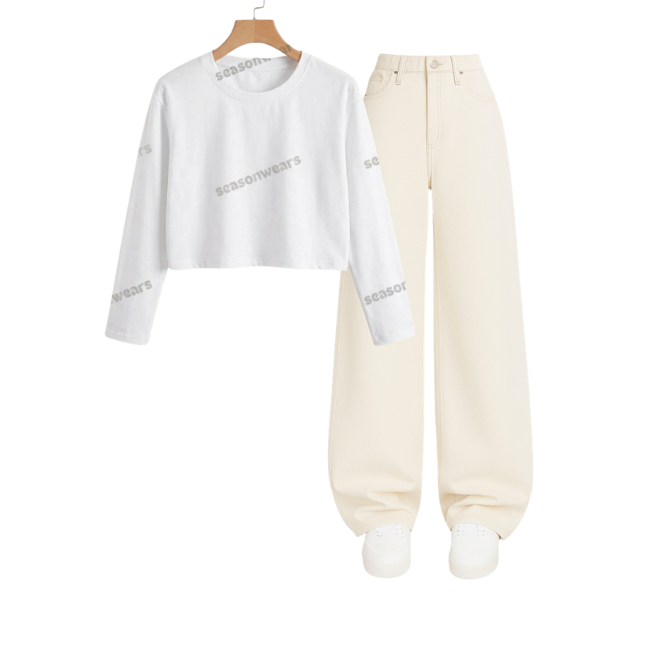 Crop Full Sleeves Tee With Beige Wide Leg Jeans