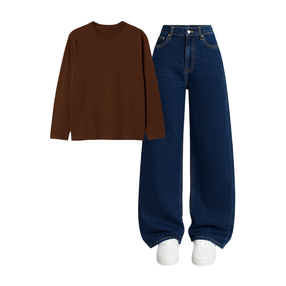 Full Sleeves Tee With Darkblue Wide Leg Jeans