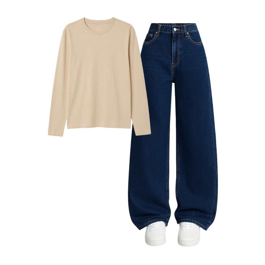 Full Sleeves Tee With Darkblue Wide Leg Jeans
