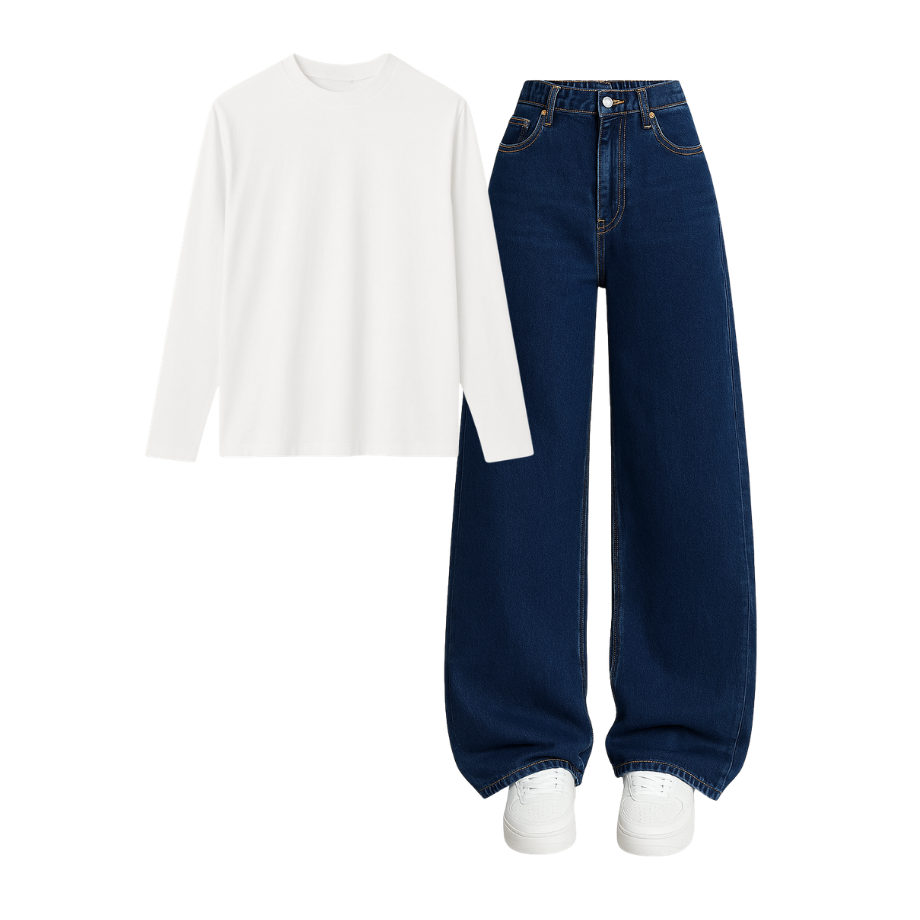 Full Sleeves Tee With Darkblue Wide Leg Jeans