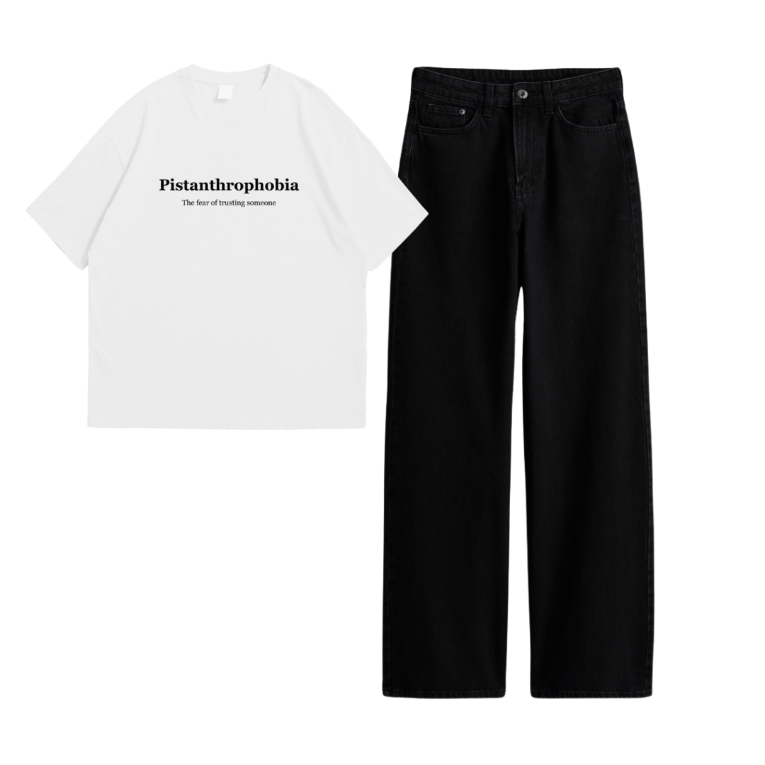 Wide Leg Jeans With White Pisthanthrophobia Oversized Tee