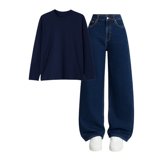 Full Sleeves Tee With Darkblue Wide Leg Jeans