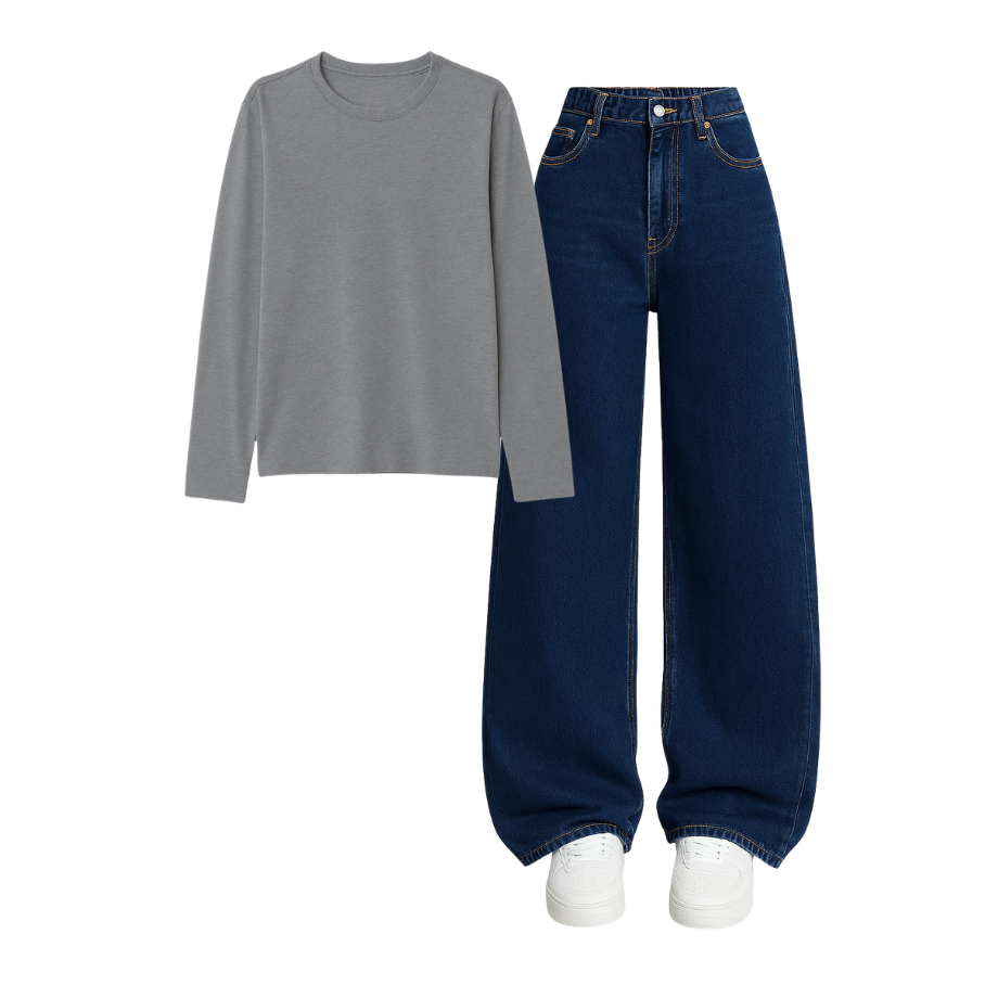 Full Sleeves Tee With Darkblue Wide Leg Jeans