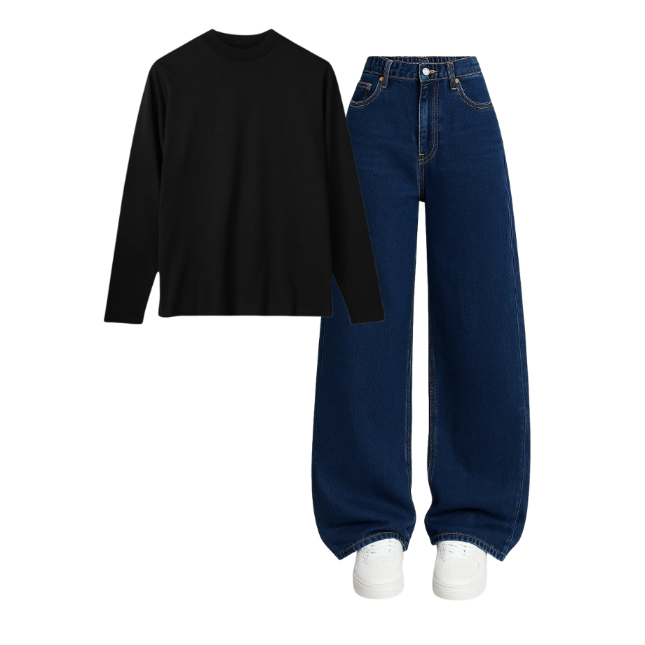 Full Sleeves Tee With Darkblue Wide Leg Jeans