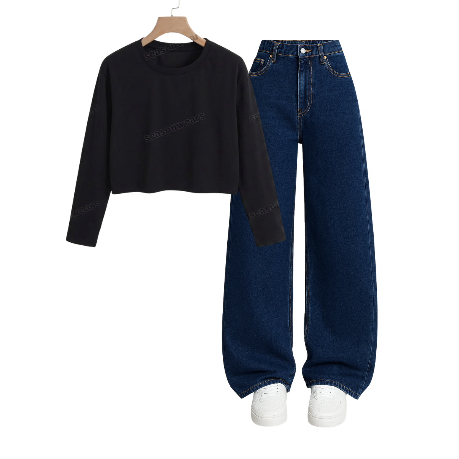Crop Full Sleeves Tee With Darkblue Wide Leg Jeans