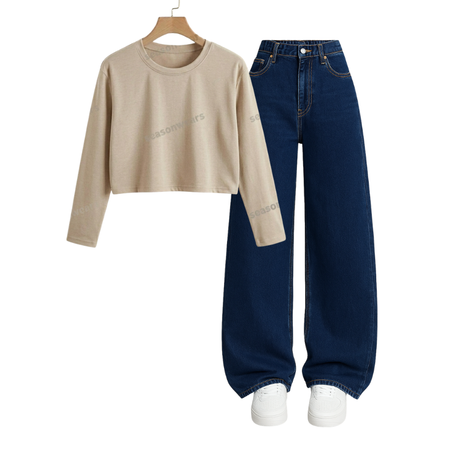 Crop Full Sleeves Tee With Darkblue Wide Leg Jeans