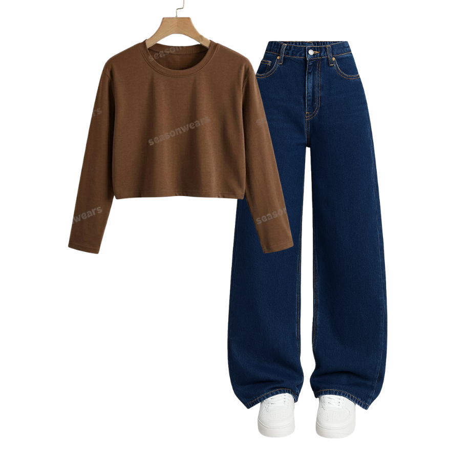 Crop Full Sleeves Tee With Darkblue Wide Leg Jeans