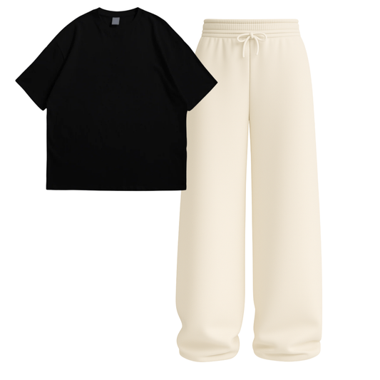 Oversized Drop Shoulder Tee With Beige Wide Leg Trouser