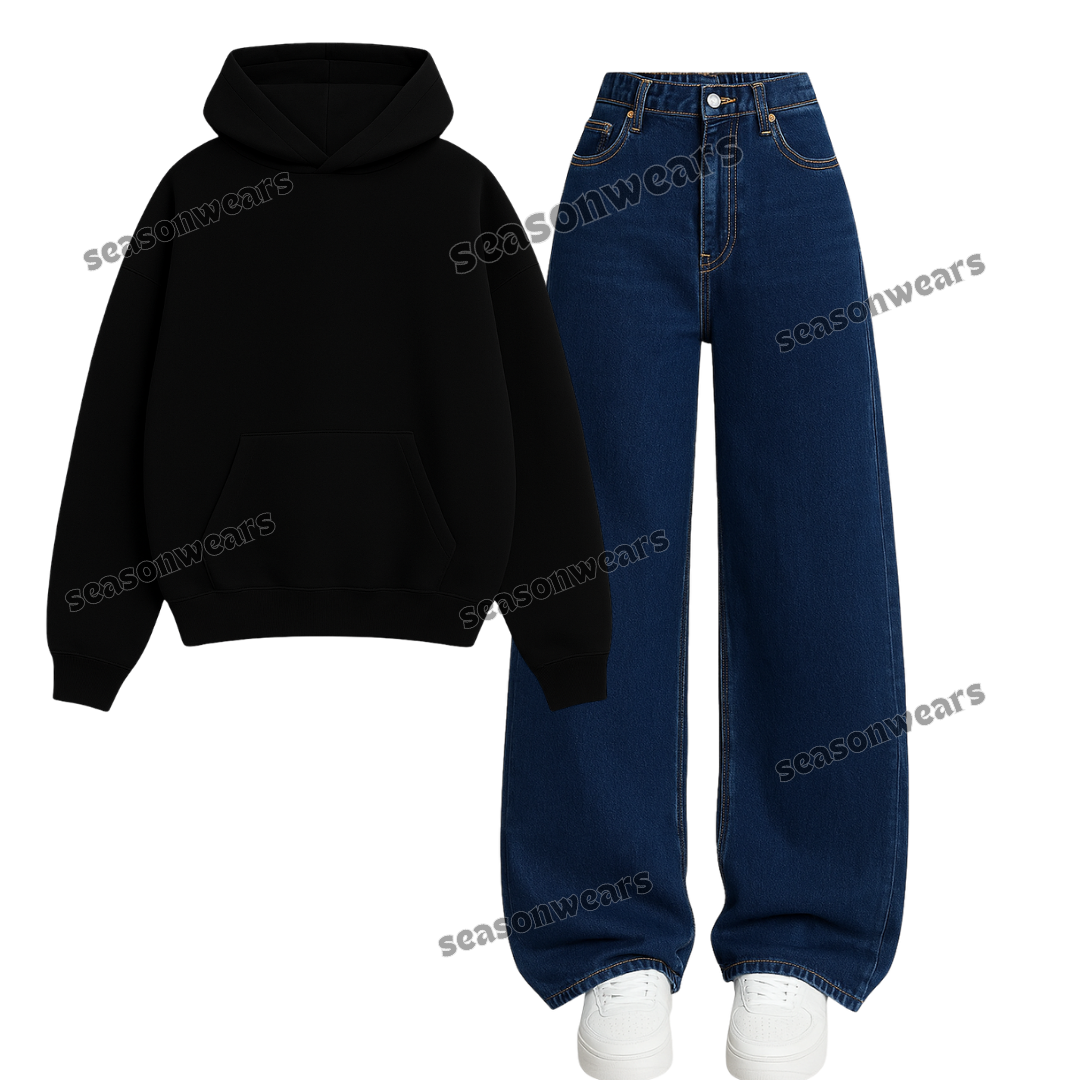 Dark Blue Wide Leg Jeans With Hoodie