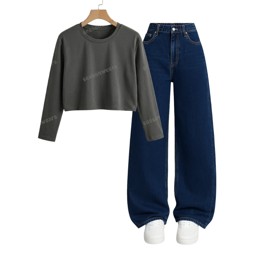 Crop Full Sleeves Tee With Darkblue Wide Leg Jeans