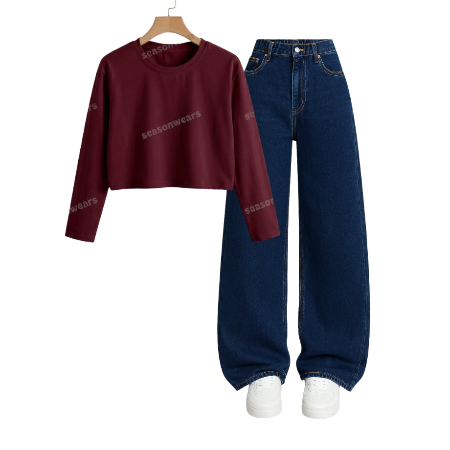 Crop Full Sleeves Tee With Darkblue Wide Leg Jeans