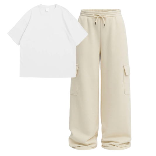 Oversize Drop Shoulder Tee With Cream Wide leg Cargo