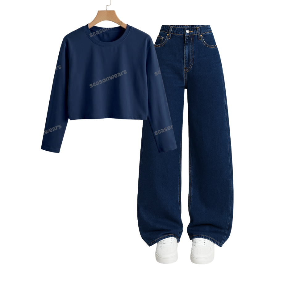 Crop Full Sleeves Tee With Darkblue Wide Leg Jeans