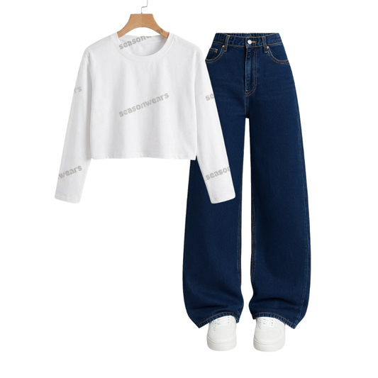 Crop Full Sleeves Tee With Darkblue Wide Leg Jeans