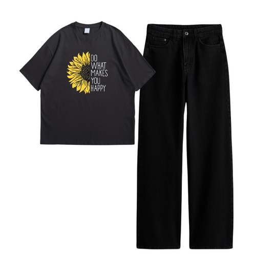 Black Wide Leg Jeans With Do What Makes You Happy Oversized Tee