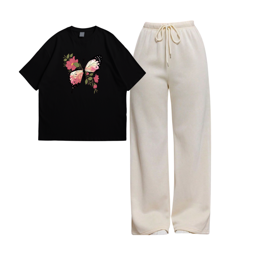 Blooming Tales Oversize Tee With Cream Straight Leg Trouser