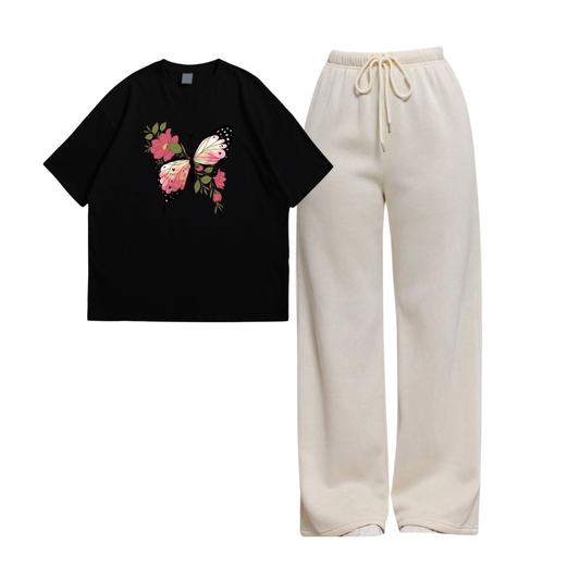 Blooming Tales Oversize Tee With Cream Straight Leg Trouser
