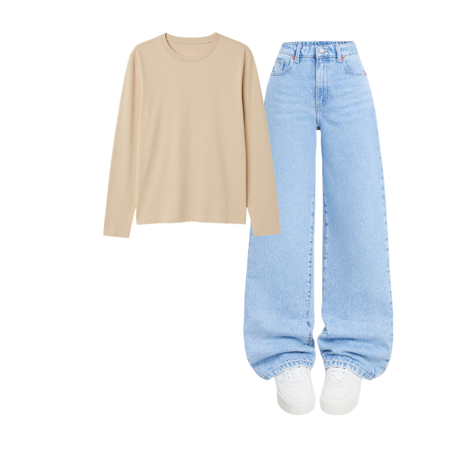 Full Sleeves Tee With Iceblue Wide Leg Jeans