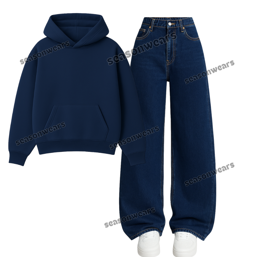 Dark Blue Wide Leg Jeans With Hoodie
