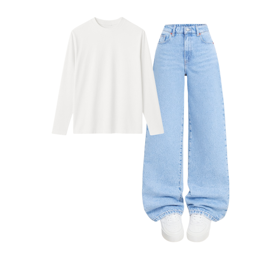 Full Sleeves Tee With Iceblue Wide Leg Jeans