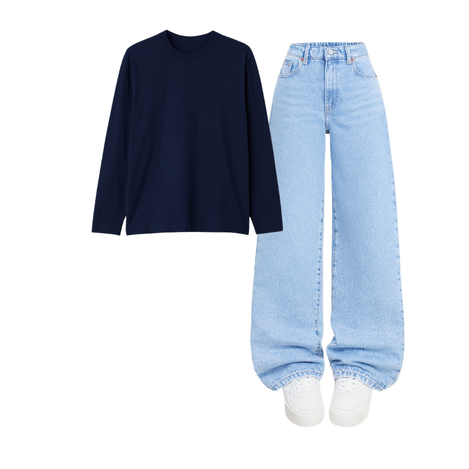 Full Sleeves Tee With Iceblue Wide Leg Jeans