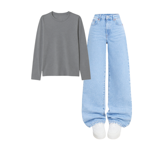 Full Sleeves Tee With Iceblue Wide Leg Jeans