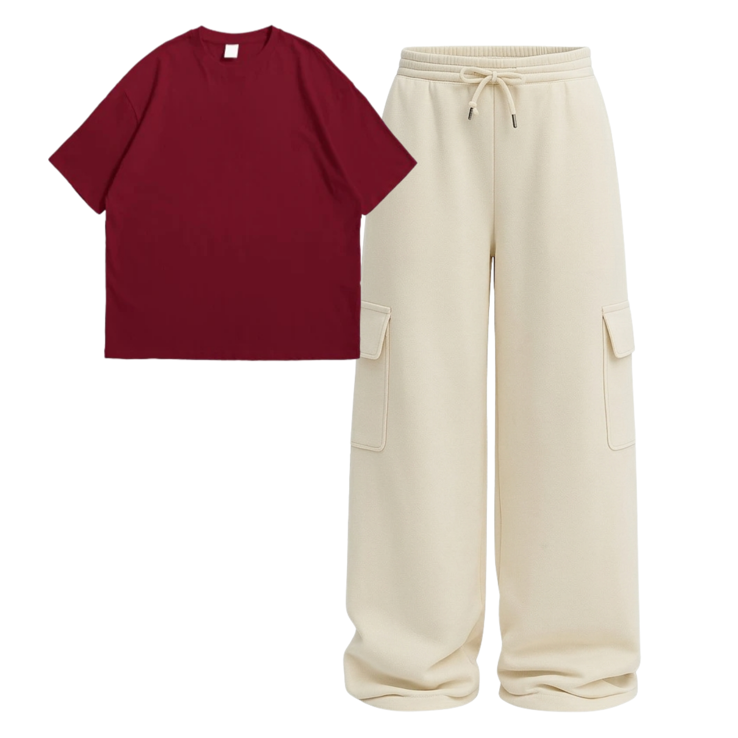 Oversize Drop Shoulder Tee With Cream Wide leg Cargo