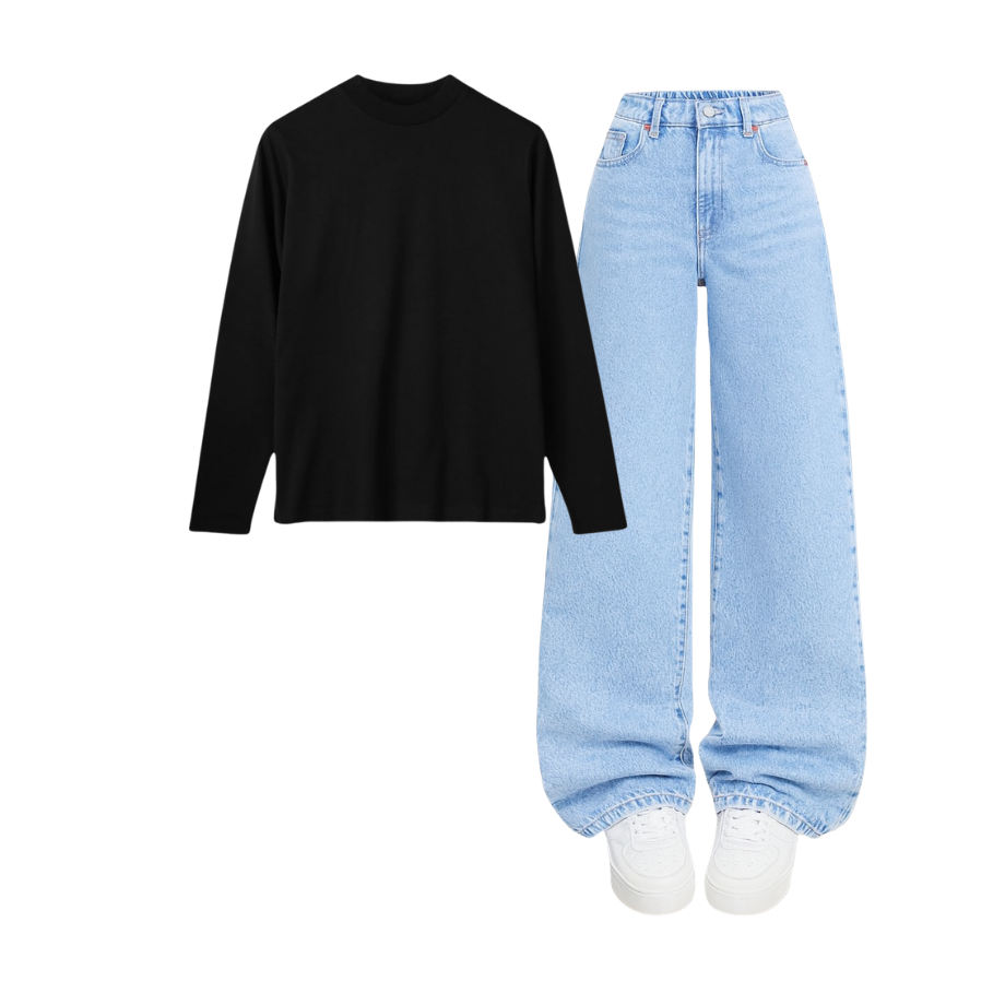Full Sleeves Tee With Iceblue Wide Leg Jeans