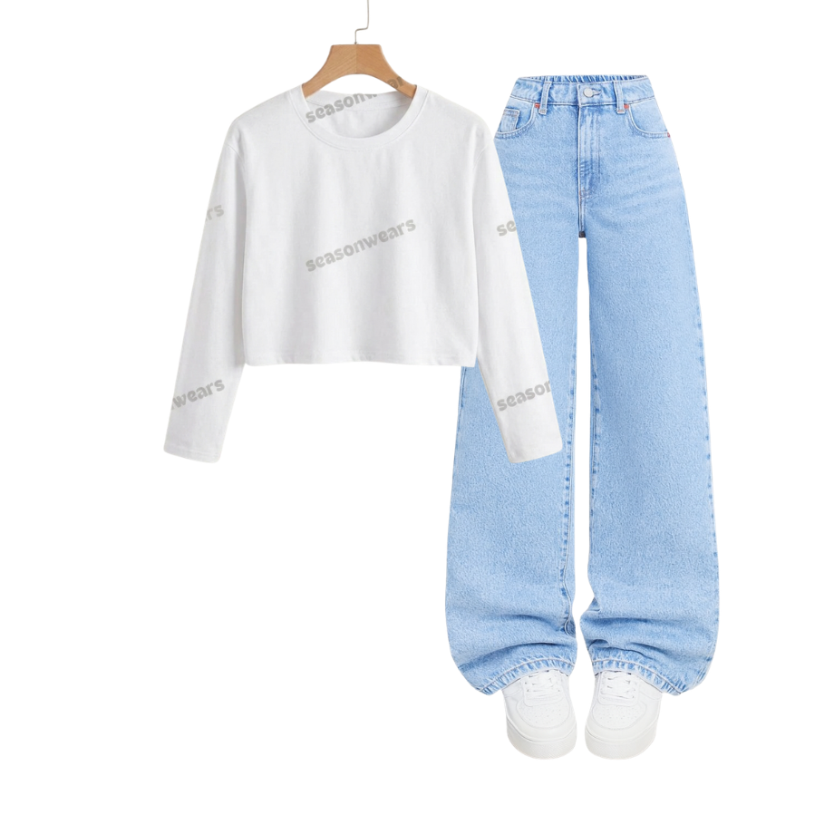 Crop Full Sleeves Tee With Iceblue  Wide Leg Jeans
