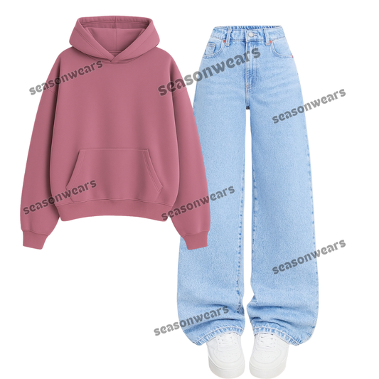 Ice Blue Baggy Jeans With Fleece Hoodie
