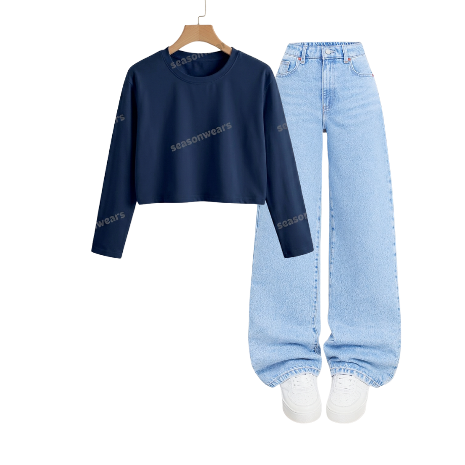Crop Full Sleeves Tee With Iceblue  Wide Leg Jeans