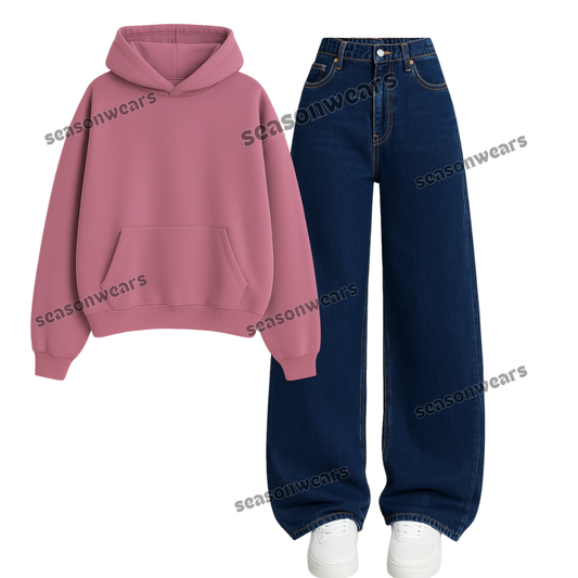 Dark Blue Wide Leg Jeans With Hoodie