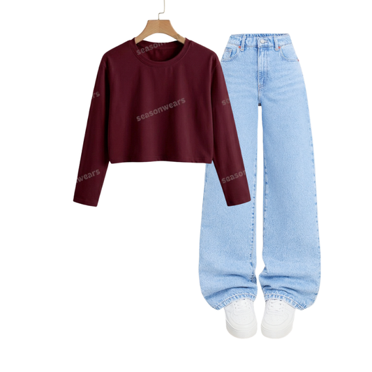 Crop Full Sleeves Tee With Iceblue  Wide Leg Jeans