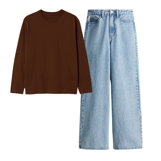 Brown Full Sleeves T-Shirt With Ice Blue Jeans