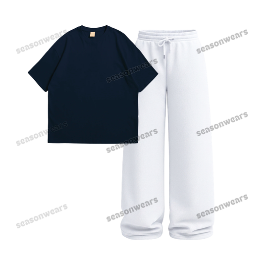 Oversized Drop Shoulder Tee With White  Wide Leg Trouser