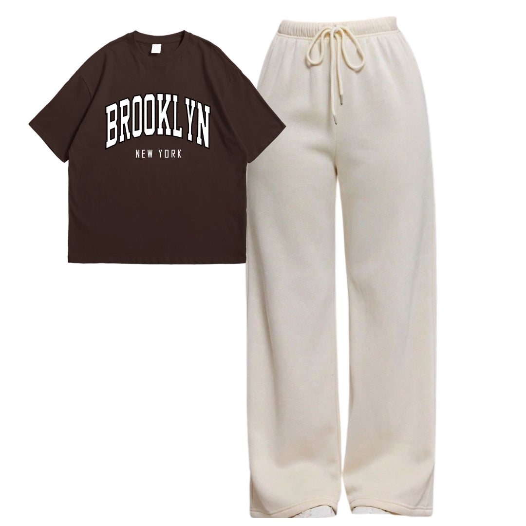 Brooklyn Oversize Tee With Cream Straight Leg Trouser