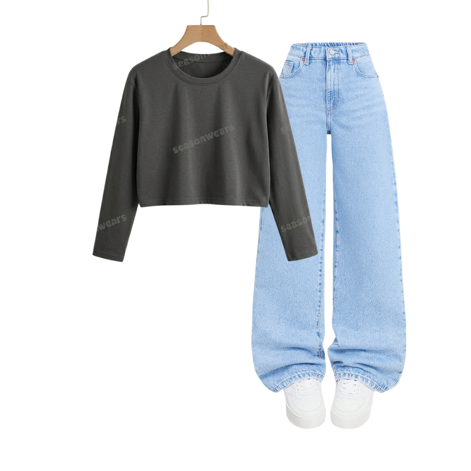 Crop Full Sleeves Tee With Iceblue  Wide Leg Jeans