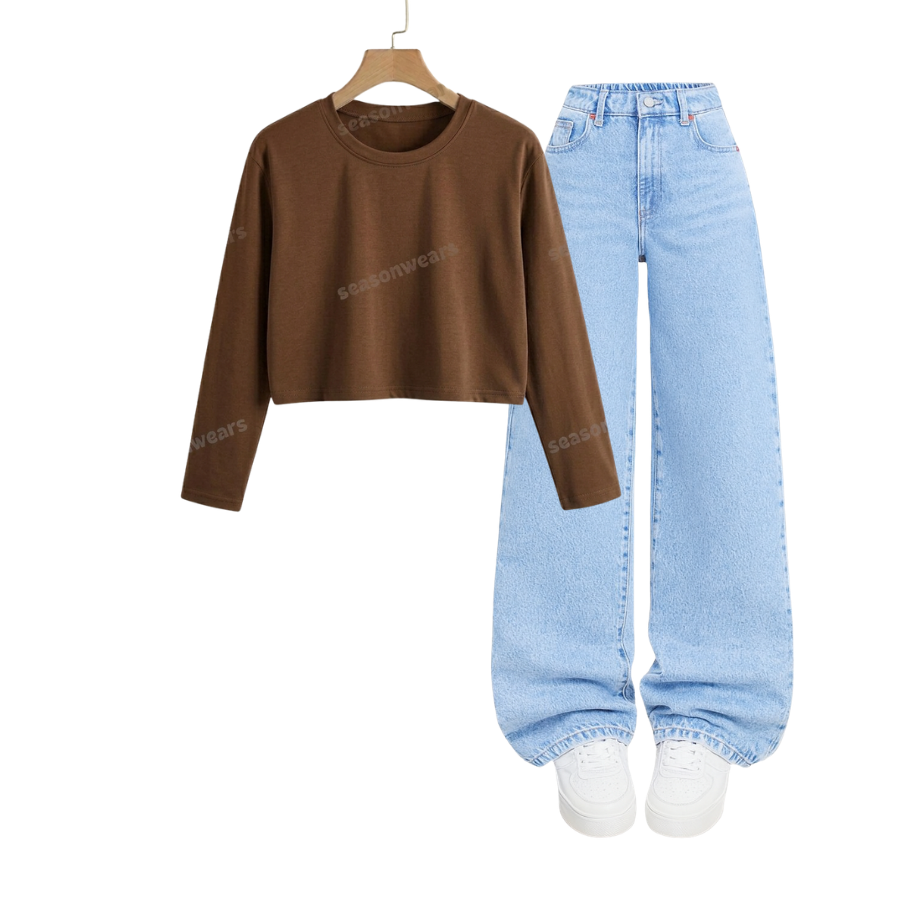 Crop Full Sleeves Tee With Iceblue  Wide Leg Jeans