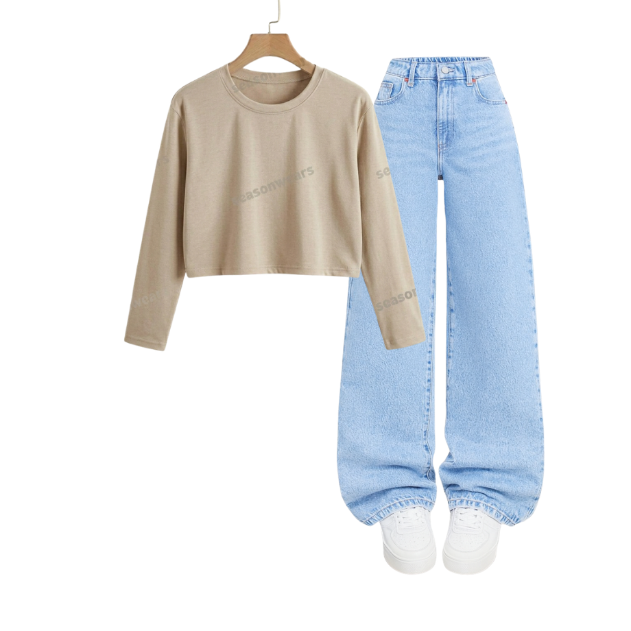 Crop Full Sleeves Tee With Iceblue  Wide Leg Jeans