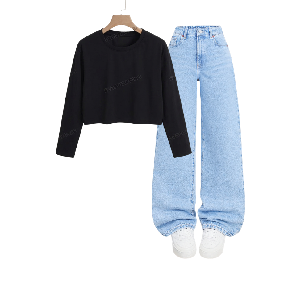 Crop Full Sleeves Tee With Iceblue  Wide Leg Jeans