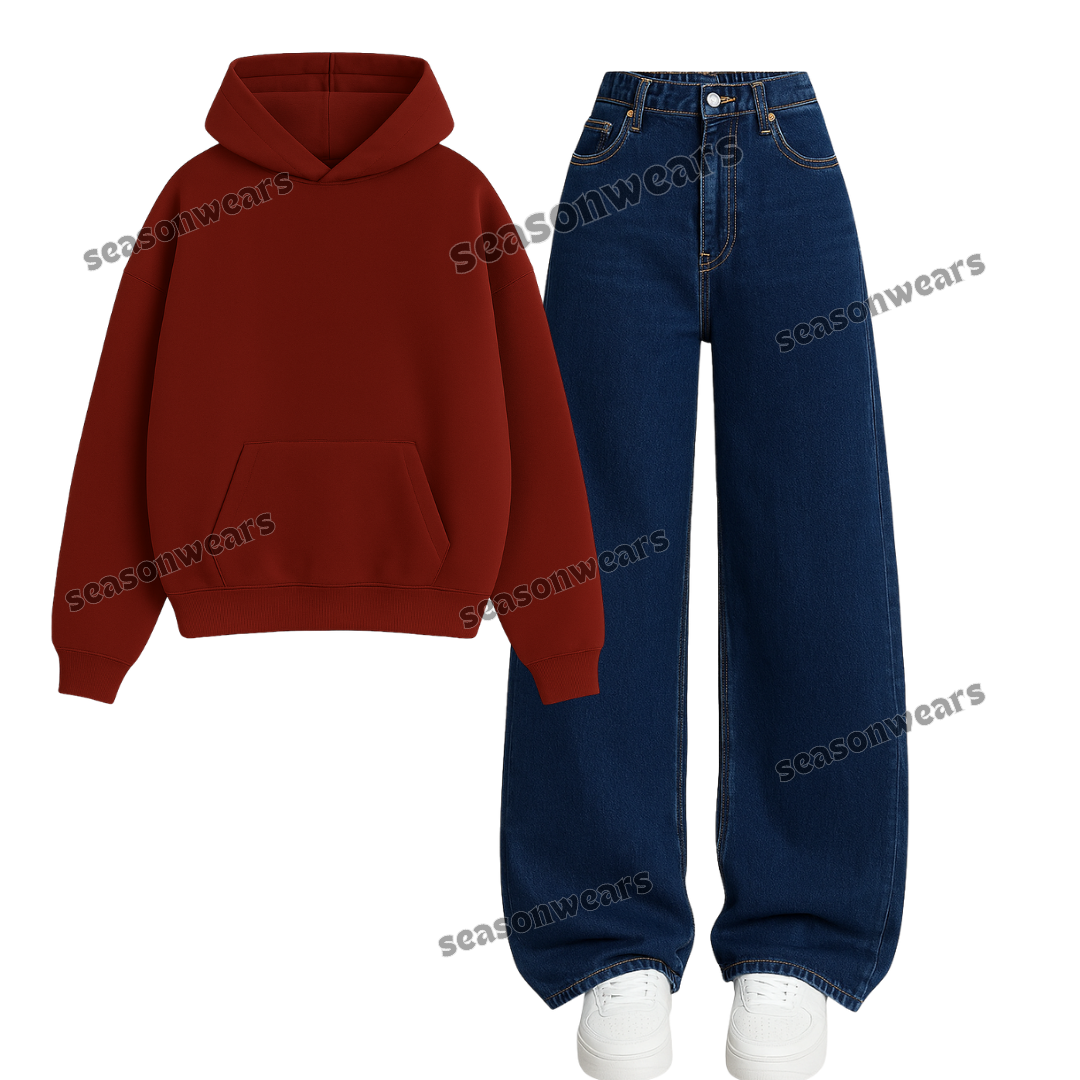 Dark Blue Wide Leg Jeans With Hoodie