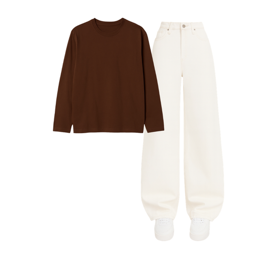 Full Sleeves Tee With White Wide Leg Jeans