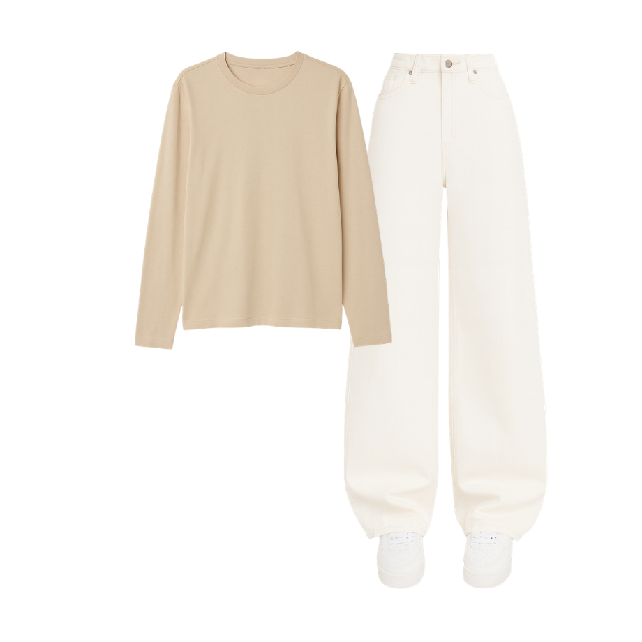Full Sleeves Tee With White Wide Leg Jeans