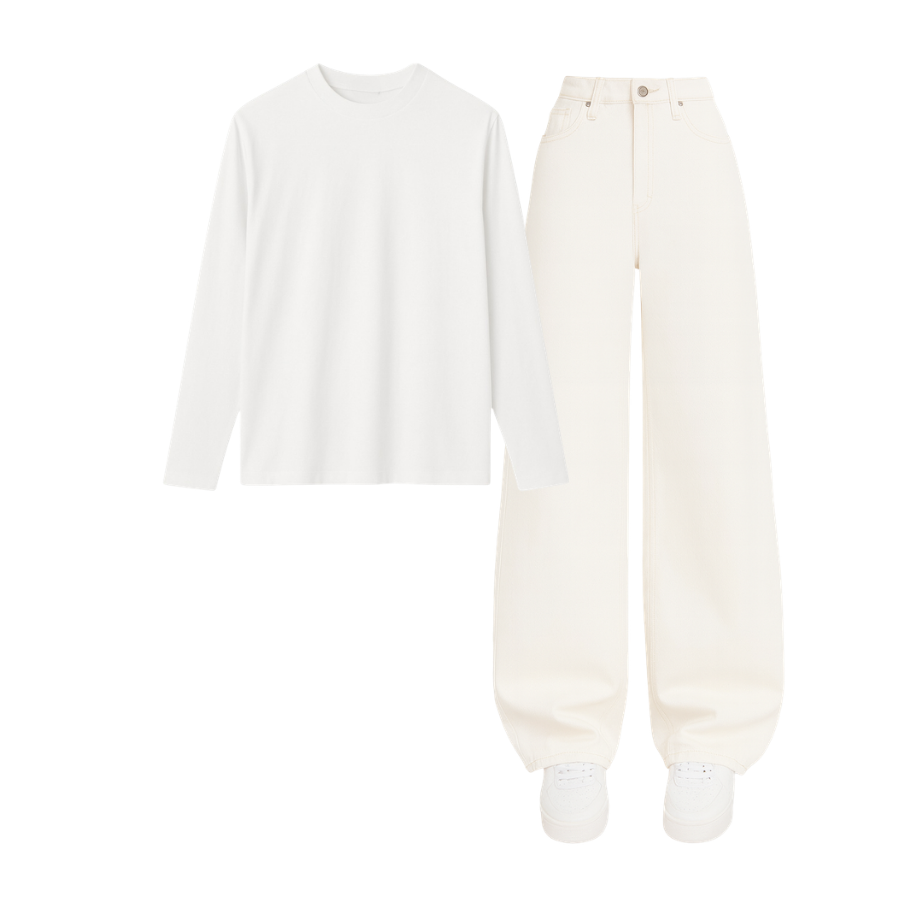 Full Sleeves Tee With White Wide Leg Jeans