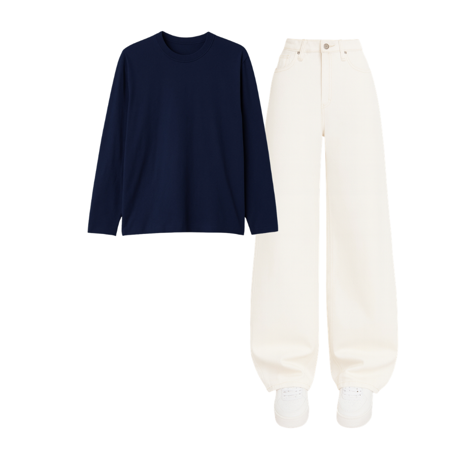Full Sleeves Tee With White Wide Leg Jeans