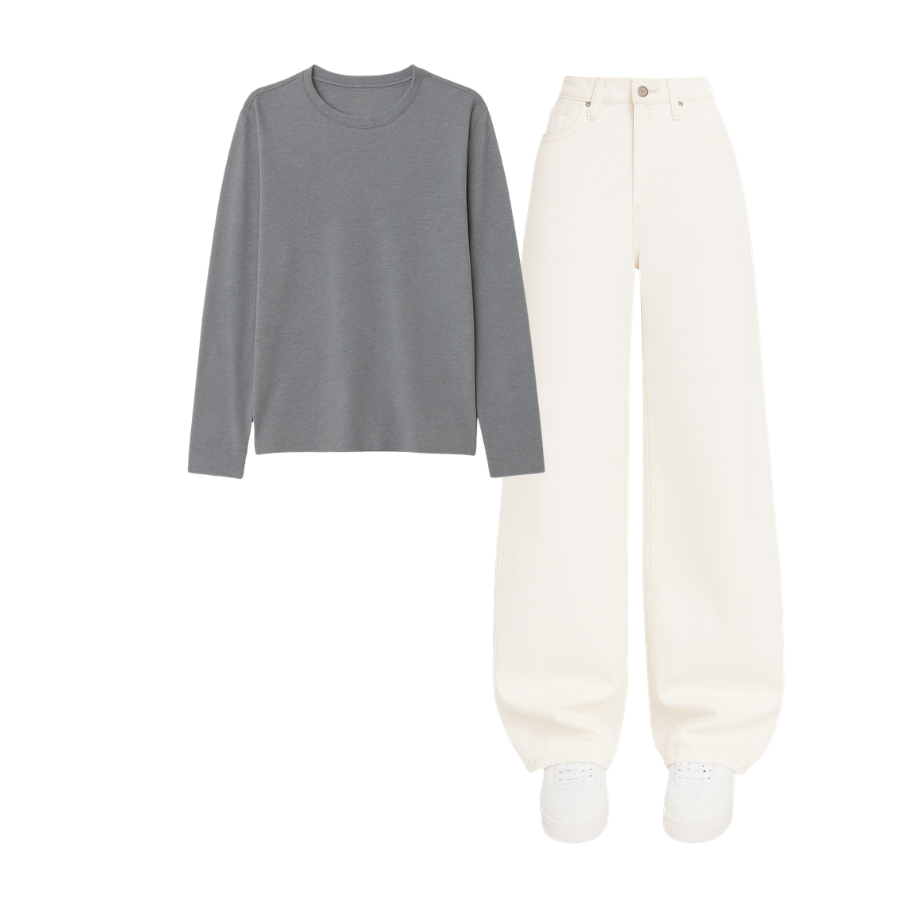 Full Sleeves Tee With White Wide Leg Jeans