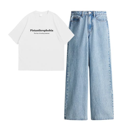 Wide Leg Jeans With White Pisthanthrophobia Oversized Tee