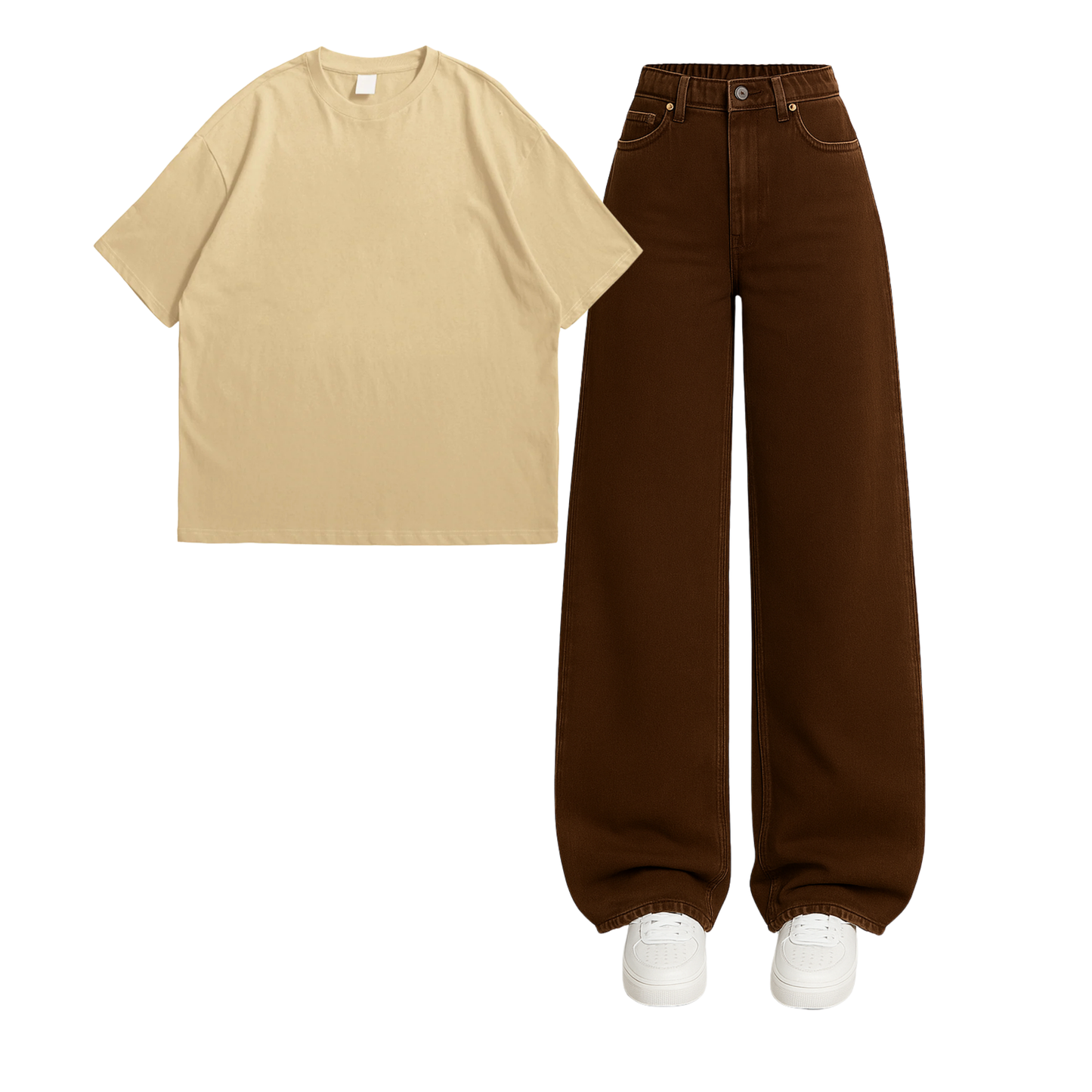 Oversized Drop Shoulder Tee With Brown Wide Leg Jeans